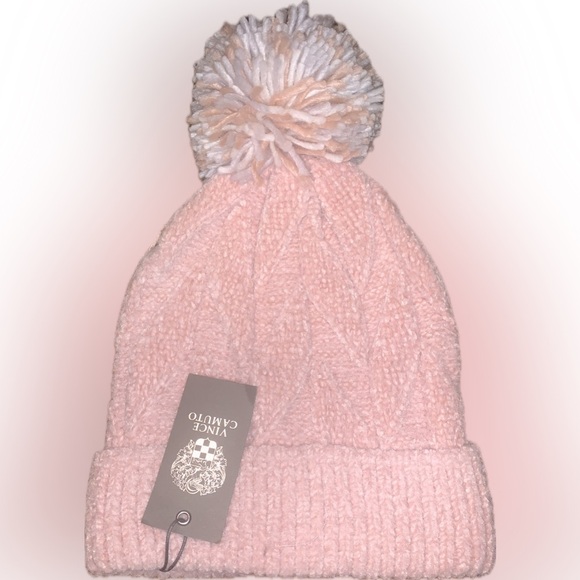 Vince Camuto Blush Pink Chenille Herringbone Knit Pom-Pom Beanie Toboggan Hat - Picture 5 of 6